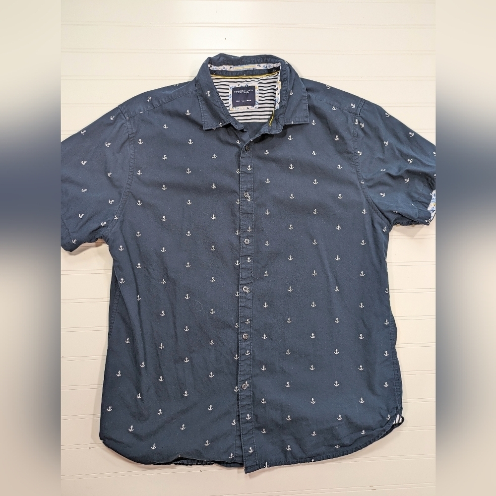 Ricky Singh Denim & Flower Navy Anchor Print Short Sleeved Button Down Shirt